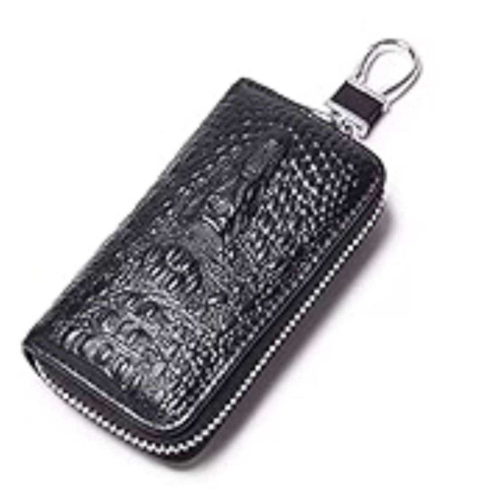 Black Croc Embossed Zip Around Key Case Key Organizer with Clip